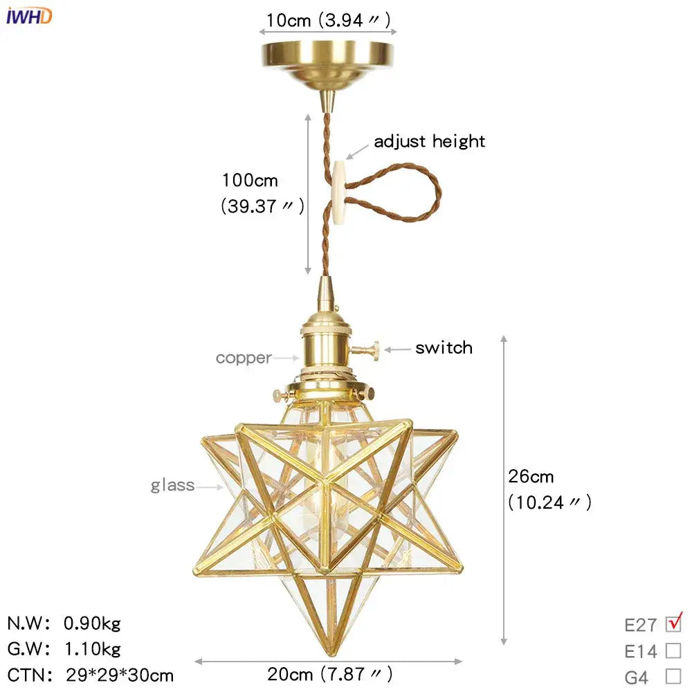 Brass star-shaped glass copper led pendant light with clear panels and copper switch for kitchen lighting