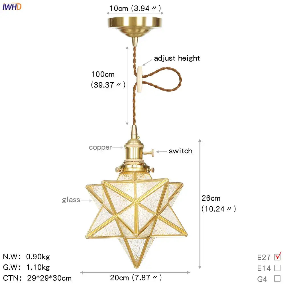 Brass star-shaped pendant light with textured glass panels and copper finished switch glass copper led for kitchen