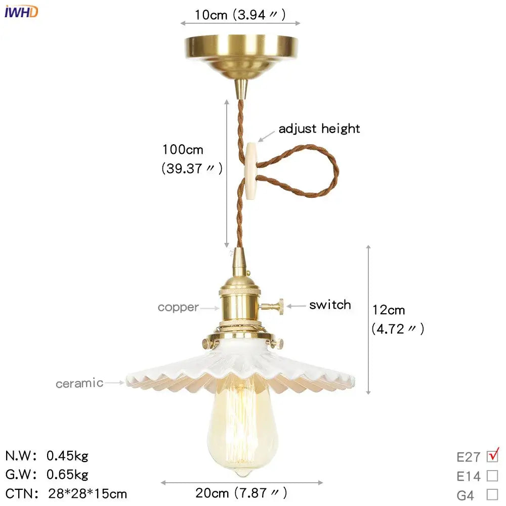 Brass-finished pendant light with scalloped ceramic shade and exposed edison bulb for kitchen copper led pendant