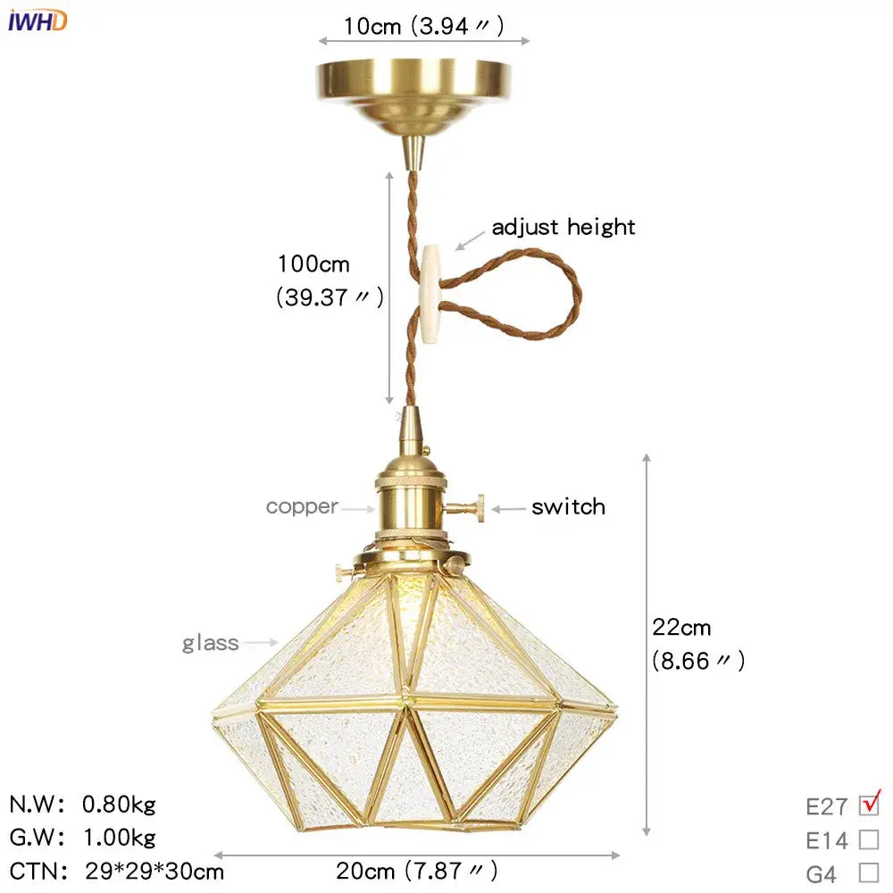 Gold-finished geometric star pendant light with textured glass panels and copper switch for kitchen copper led pendant