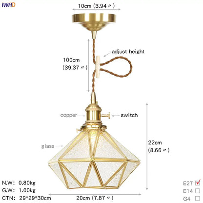 Gold-finished geometric star pendant light with textured glass panels and copper switch for kitchen copper led pendant