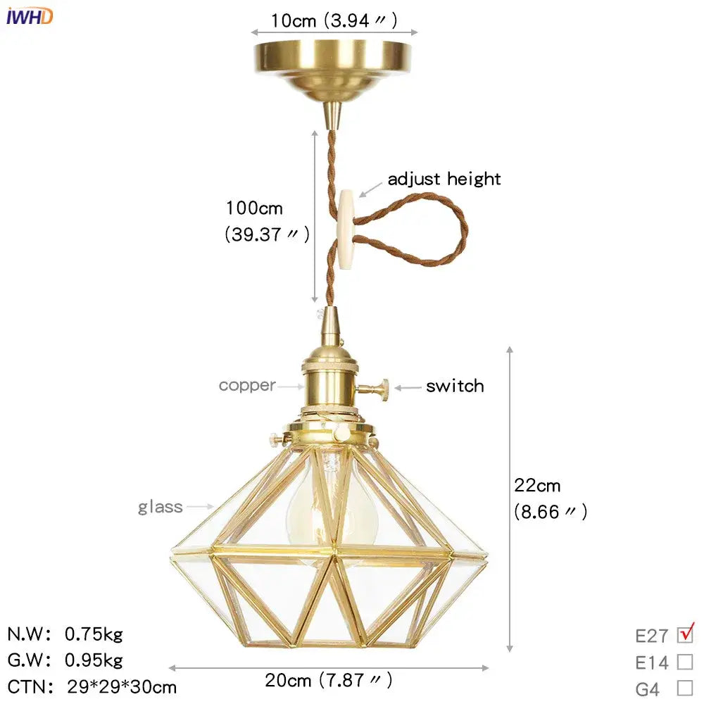 Gold-finished geometric star glass copper led pendant light with clear panels and copper switch for kitchen use
