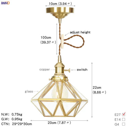 Gold-finished geometric star glass copper led pendant light with clear panels and copper switch for kitchen use