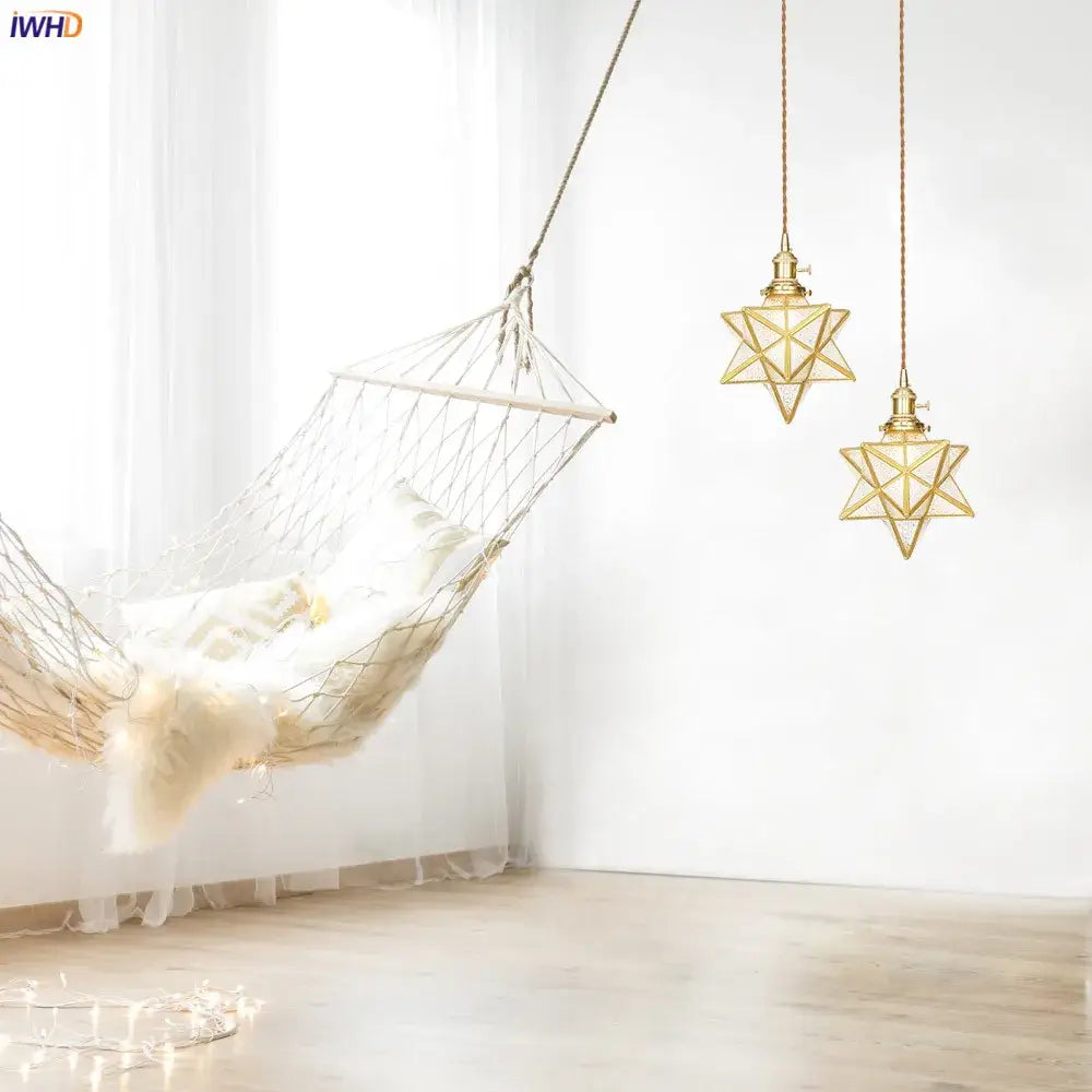 Geometric star glass copper led pendant light with brass-colored metal frames ideal for kitchen lighting