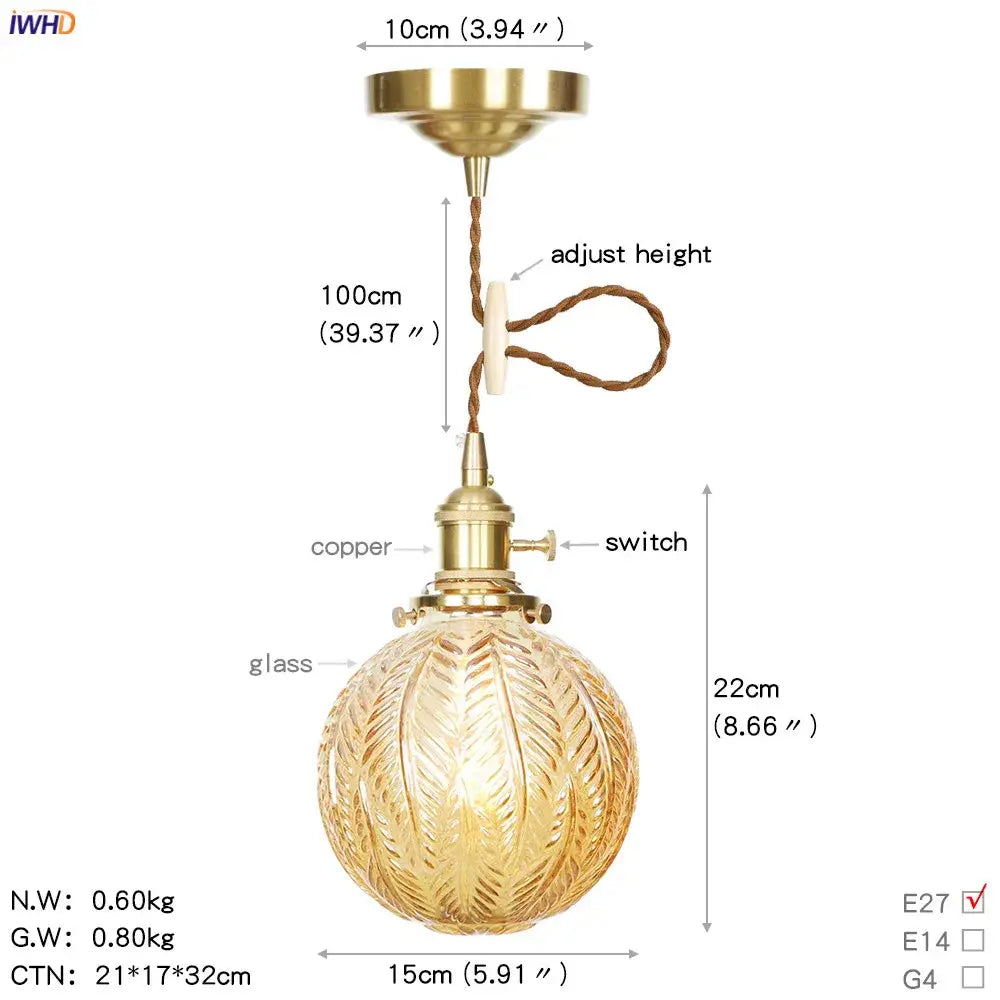 Gold-toned geometric star glass copper led pendant light with textured globe and brass hardware for kitchen lighting