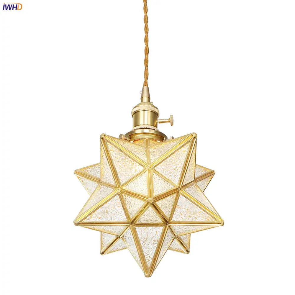 Golden star-shaped pendant light with textured glass panels and brass hardware for kitchen glass copper led pendant