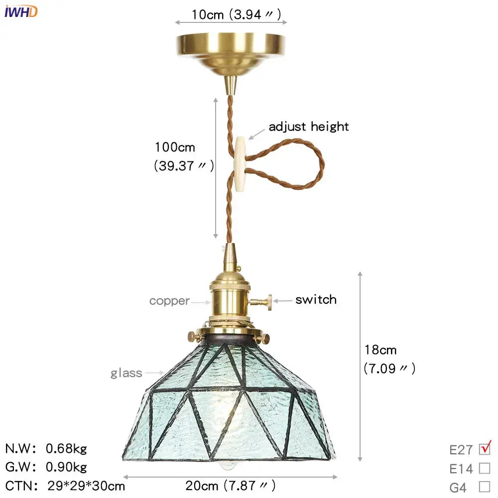 Vintage-style glass copper led pendant light with geometric textured shade and adjustable height for kitchen use