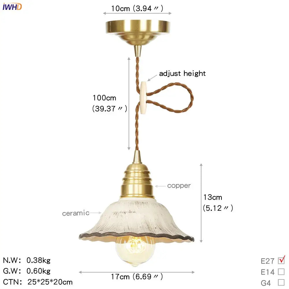 Vintage-style brass pendant light with distressed ceramic shade and copper accents for kitchen glass copper led pendant