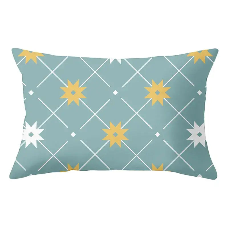 Rectangular cushion with decorbites geometric striped curved pattern in yellow and teal for living room decor