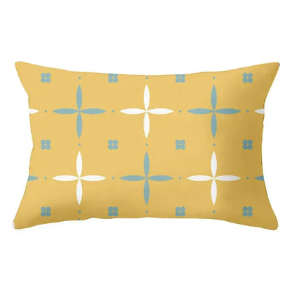 Yellow rectangular pillow with geometric striped curved light blue and white cross motifs for decorbites geometric striped decor