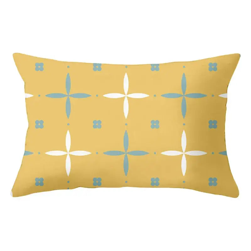 Yellow rectangular pillow with geometric striped curved light blue and white cross motifs for decorbites geometric striped decor