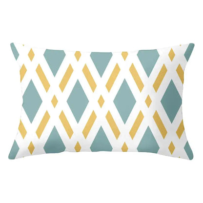 Rectangular pillow with decorbites geometric striped curved pattern in teal diamonds and yellow stripes for living room decor