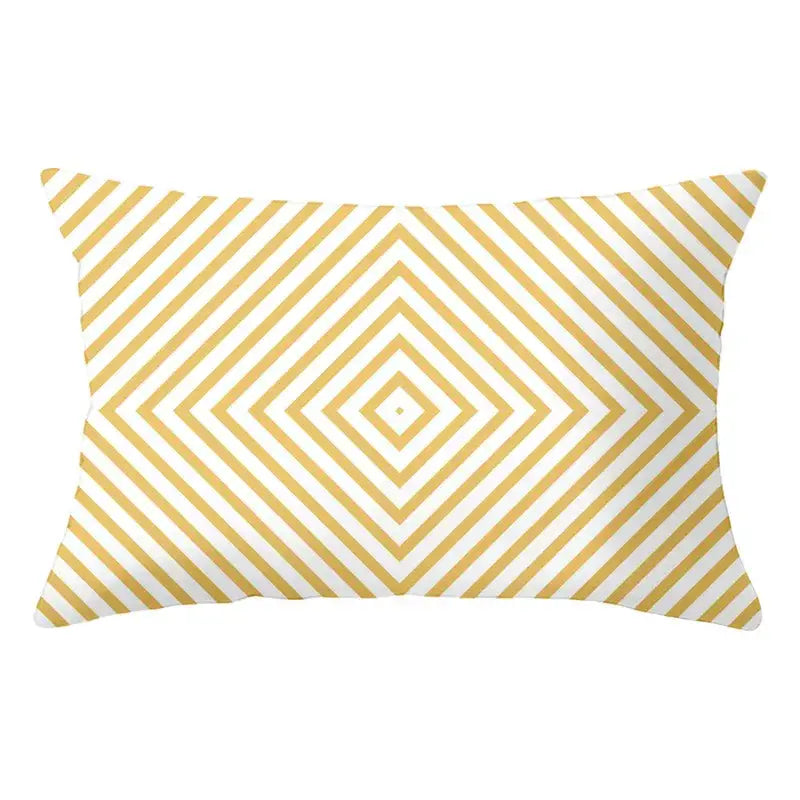 Rectangular pillow with decorbites geometric striped pattern of gold and white converging diagonal stripes for living room decor