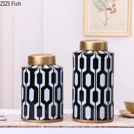 Black and white geometric stripes ceramic storage jar with gold-toned lid for living room decor by decorbites geometric stripes