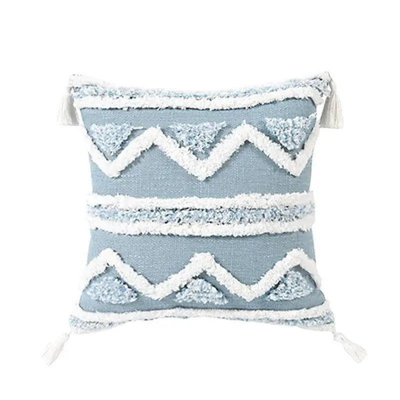 Light blue pillow cover with white geometric tassel tufted embroidery and star design for living room decor