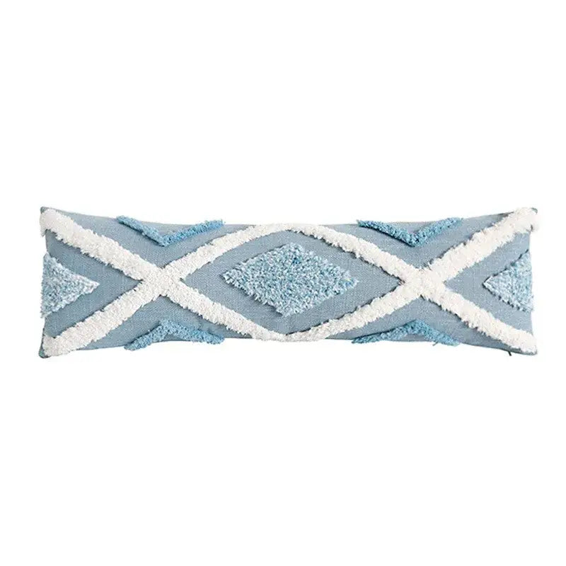 Light blue geometric tassel tufted pillow cover with white fringe star pattern for living room decor
