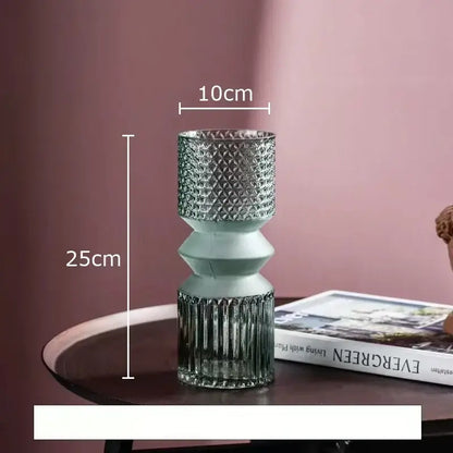 A tall teal and green crystal clear glass vase with diamond and vertical ridged patterns for living room decorbites decor
