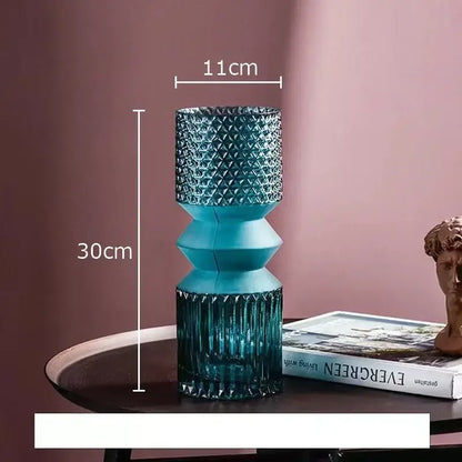 A tall teal crystal clear glass vase with textured faceted design for decorbites crystal clear living room decor