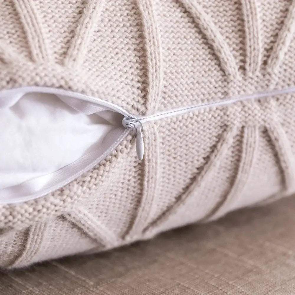 Beige knit cushion cover with diamond texture and silver zipper closure for living room decorbites knit cushion set
