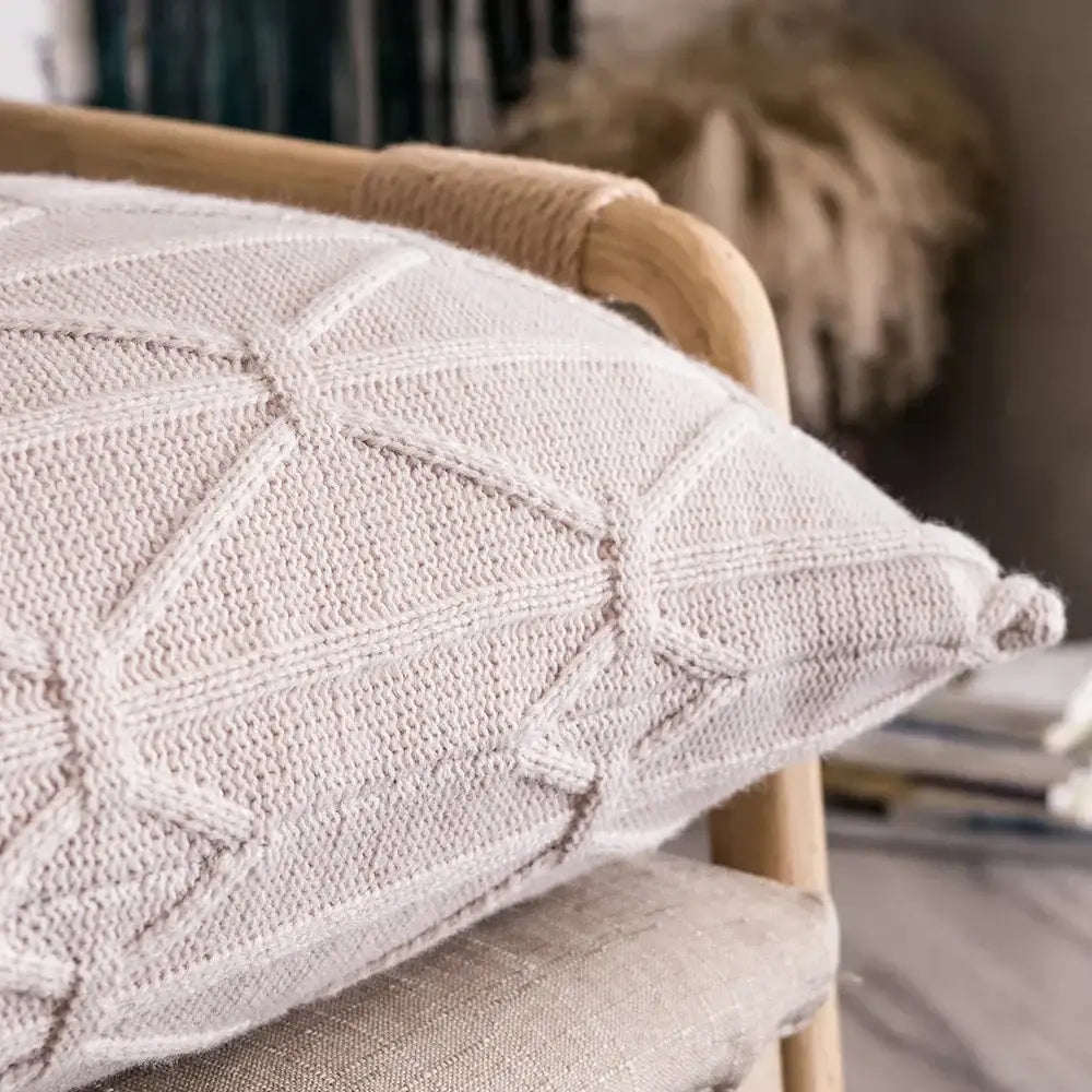 Beige knitted throw cushion cover with geometric diamond pattern and textured weave for living room decorbites knit cushion