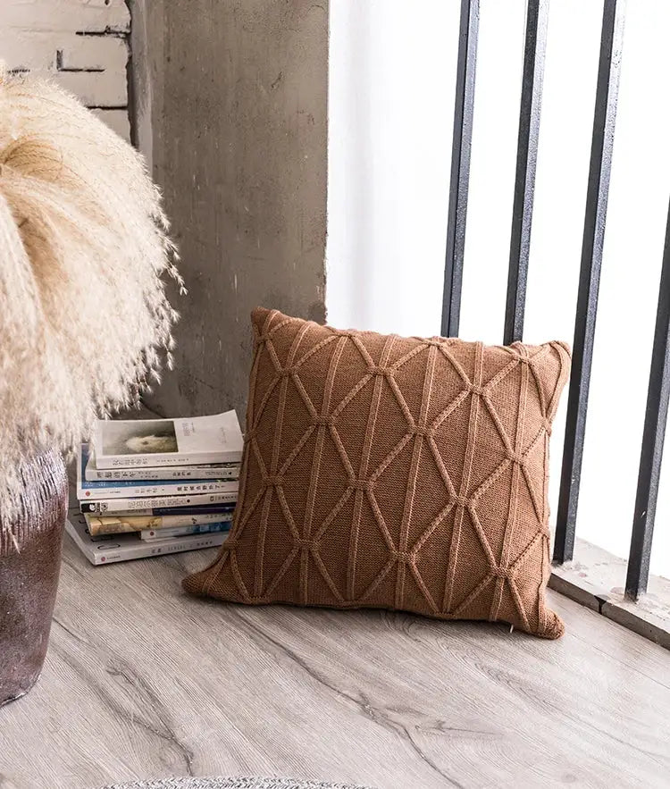 Tan geometric textured knit cushion cover with diamond pattern for living room decorbites knit cushion cover set