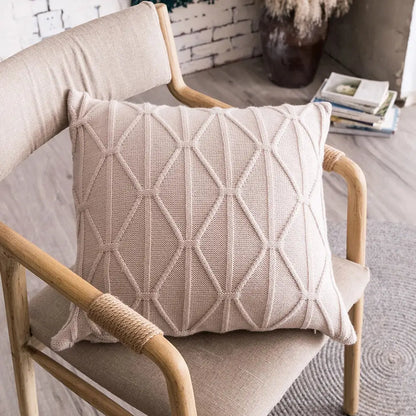 Beige knitted throw pillow with diamond-patterned texture knit cushion cover for earthy living room decorbites decor