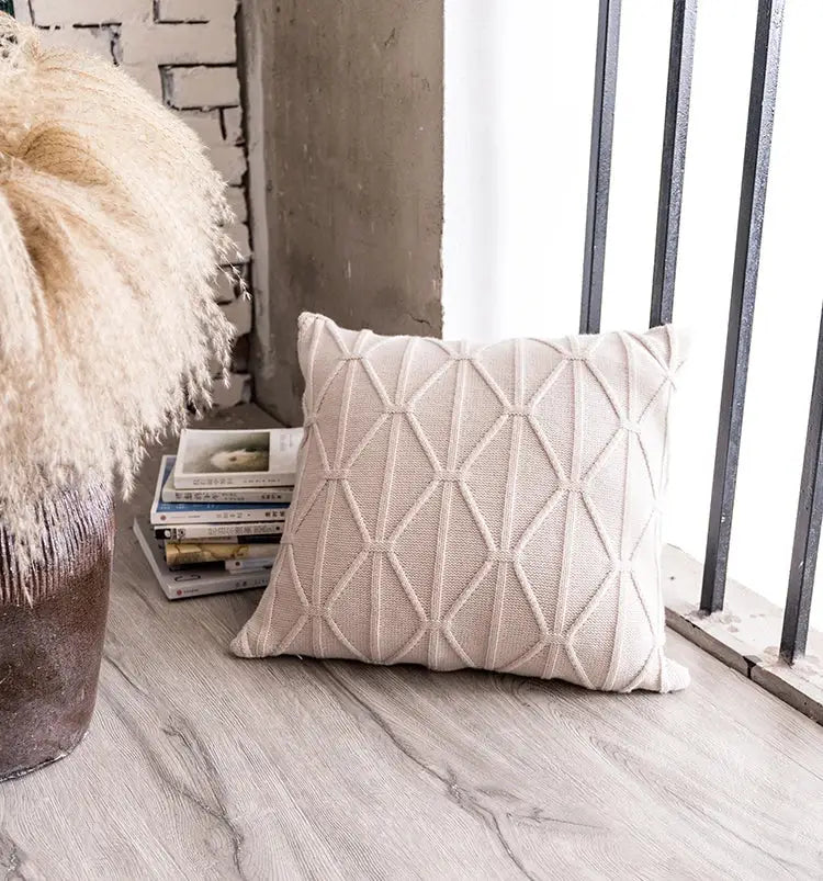 Beige earthy knit cushion cover with a textured geometric diamond pattern for living room decorbites decor