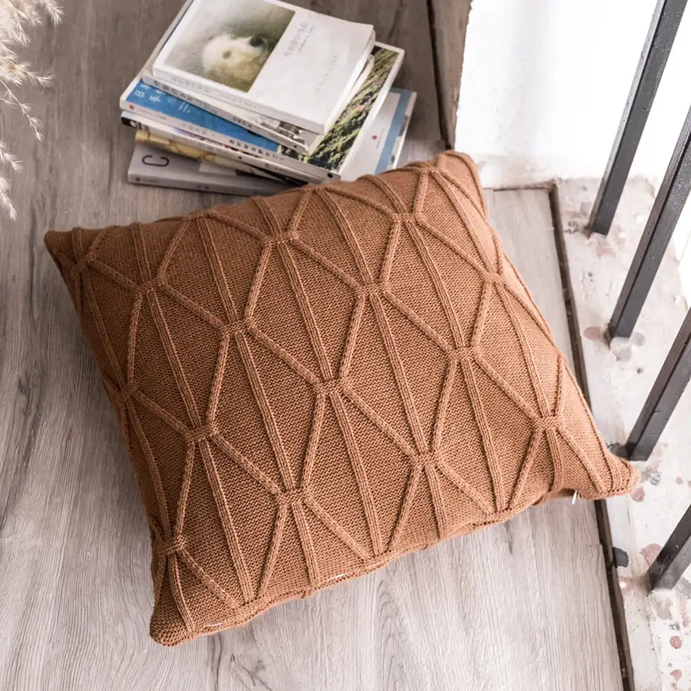 A cozy rust-colored geometric diamond pattern knit cushion cover for living room decorbites knit cushion cover set