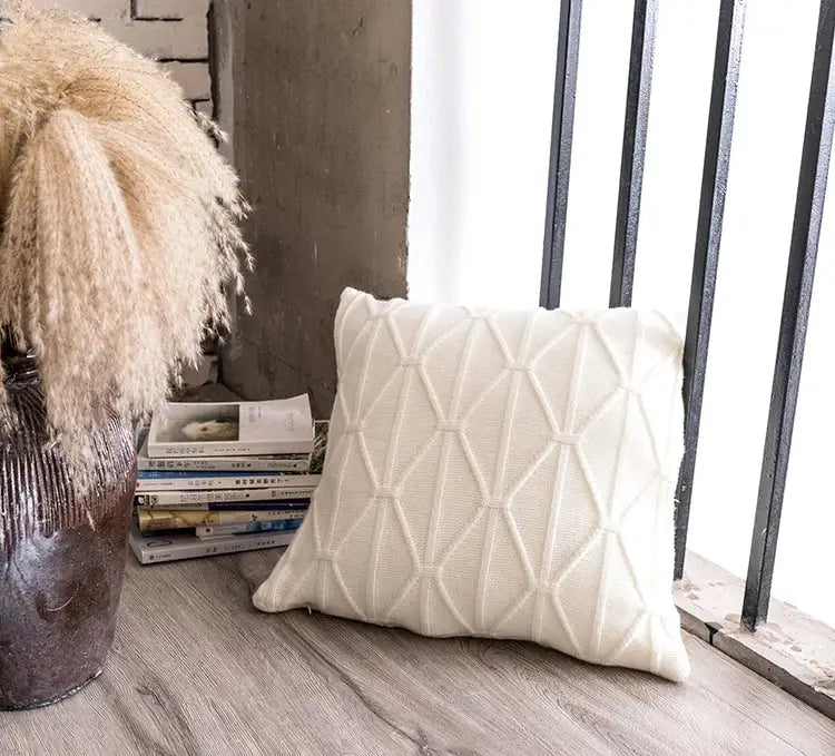 Cream-colored knit cushion cover with textured geometric pattern for living room decorbites decorbites knit cushion