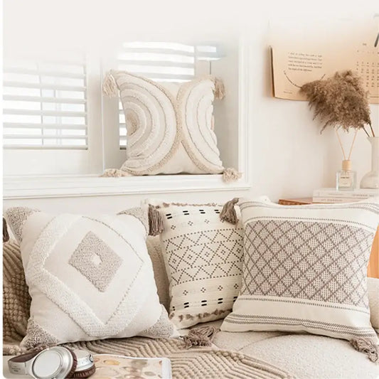 Beige and cream cushion cover with geometric tufted beige embroidery and tassel trim for living room decorbites decor