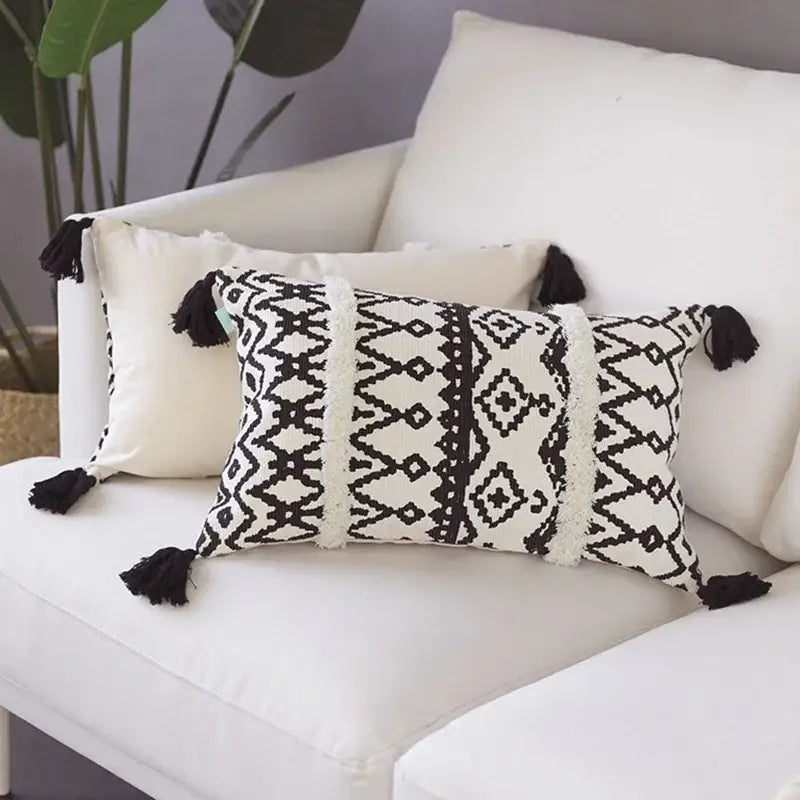 Black and white geometric tufted cotton cushion cover with fluffy tassels for living room decorbites decor