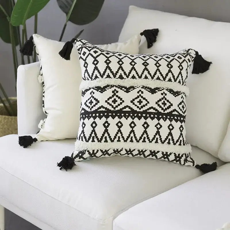 Black and white woven geometric tufted cotton cushion cover with tassels for living room decorbites decor
