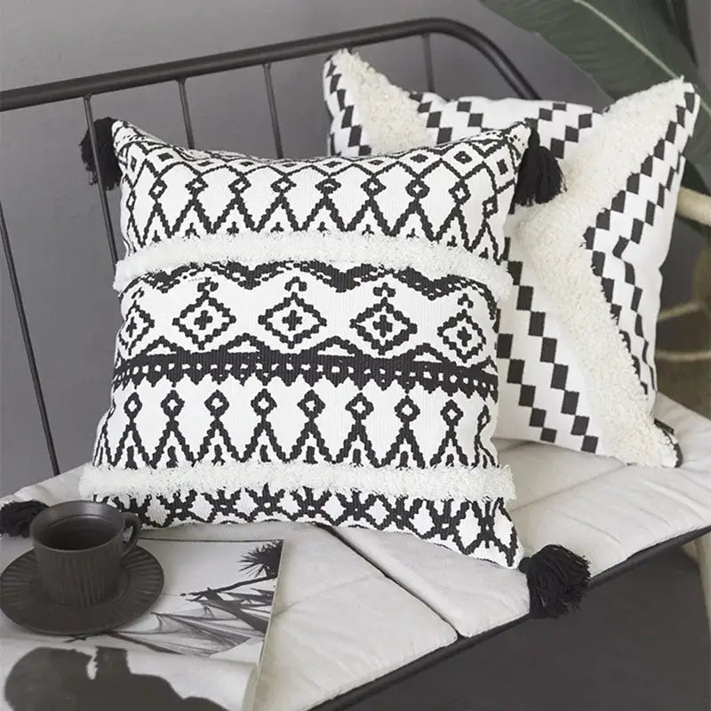 Black and white geometric tufted cotton cushion cover with tassels for living room decorbites decorbites geometric tufted design
