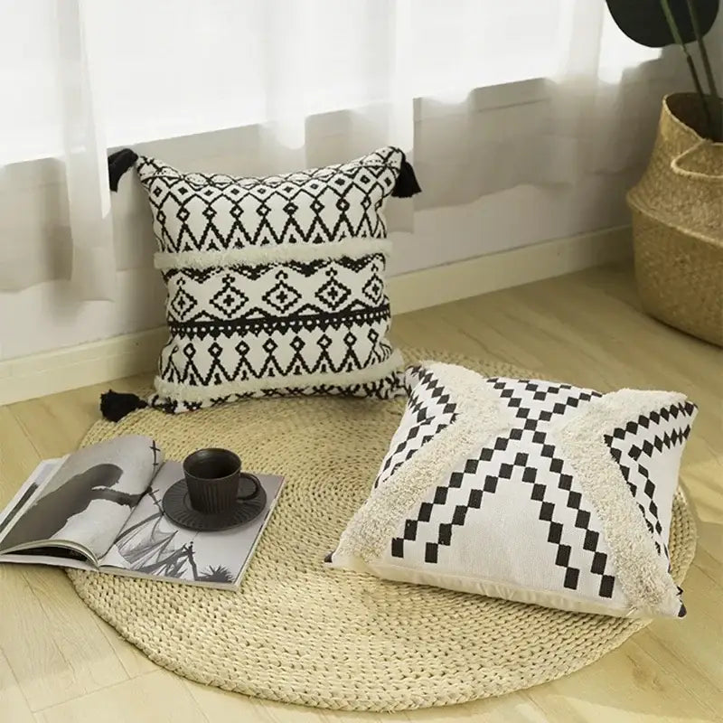 Black and white geometric tufted cotton cushion cover with tassel accents for living room decorbites decor