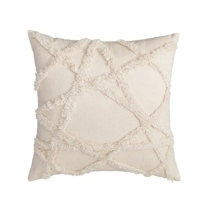 Cream-colored cushion cover with a textured geometric tufted fringed pattern ideal for living room decorbites decor