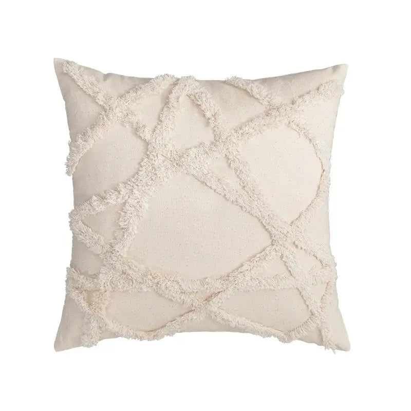 Cream-colored cushion cover with a textured geometric tufted fringed pattern ideal for living room decorbites decor