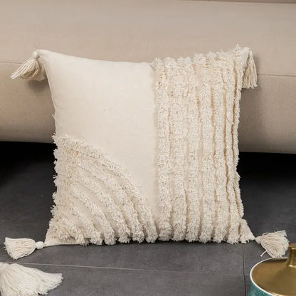 Cream-colored geometric tufted fringed cushion cover with textured fabric and decorative tassels for living room decorbites decor
