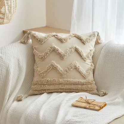 Beige geometric tufted tassel cushion cover with textured zigzag pattern and tassels for living room decor