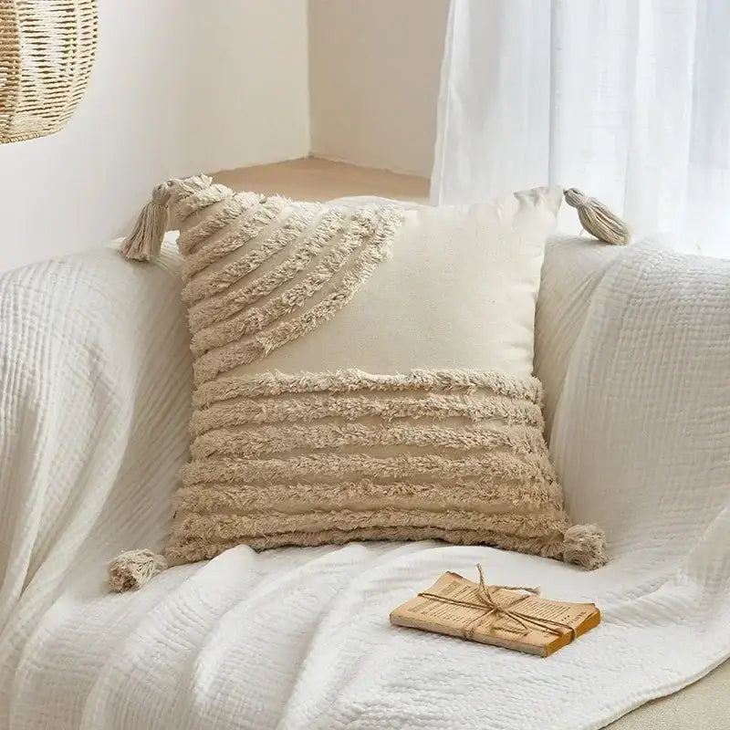 Beige geometric tufted tassel cushion cover with fringed horizontal stripes and tassels for living room decor