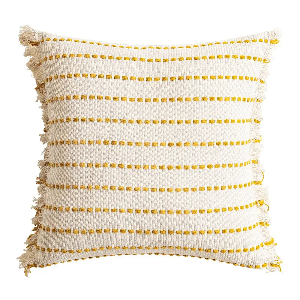 Cream-colored woven cushion cover with mustard-yellow stripes and crochet tassels decorbites geometric tufted design