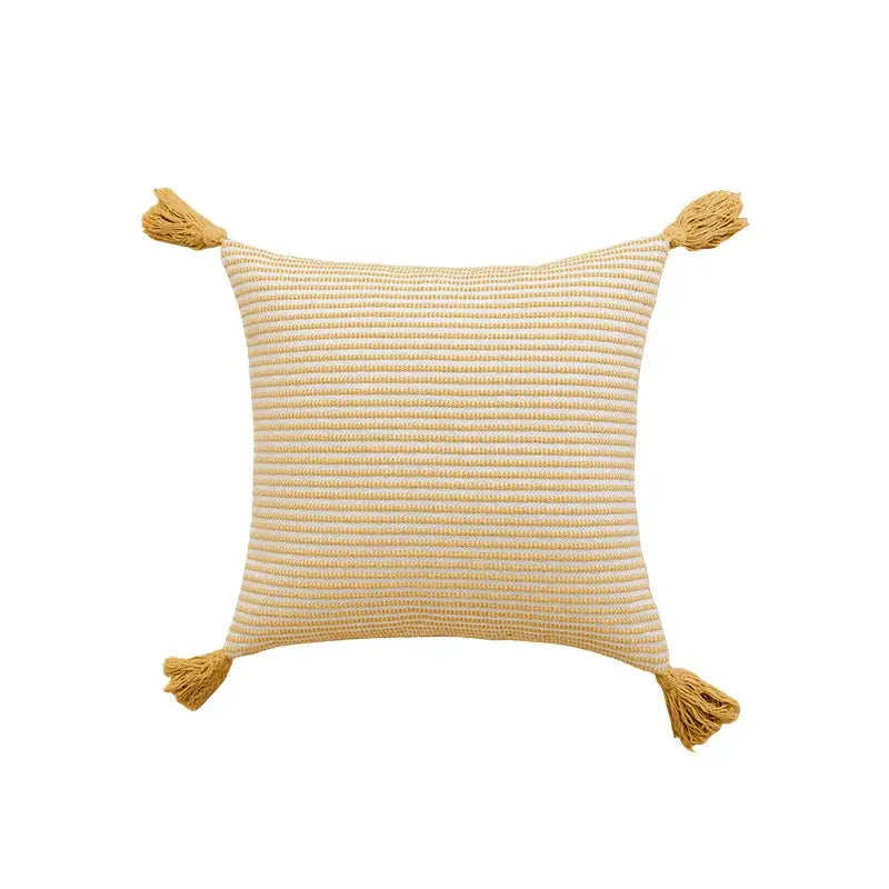 Beige and cream striped cushion cover with mustard-yellow crochet tassels from decorbites geometric tufted collection