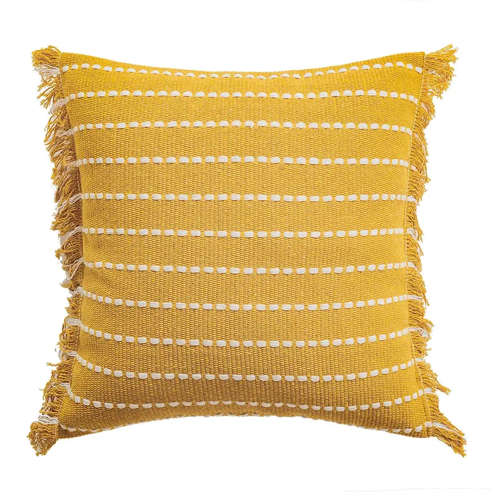 Vibrant yellow woven cushion cover with white dotted stripes and crochet tassels from decorbites geometric tufted collection