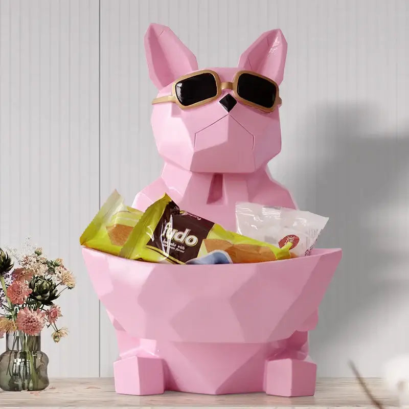 Pink geometric french bulldog snack bowl with gold-rimmed sunglasses featured as a decorative tissue box holder