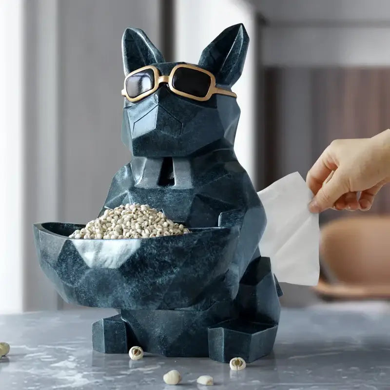 Dark green geometric french bulldog tissue box holder with gold-rimmed sunglasses for living room decor