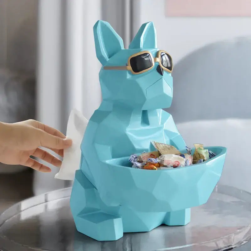 Turquoise geometric french bulldog tissue box holder with gold-rimmed sunglasses serving as candy holder and decor
