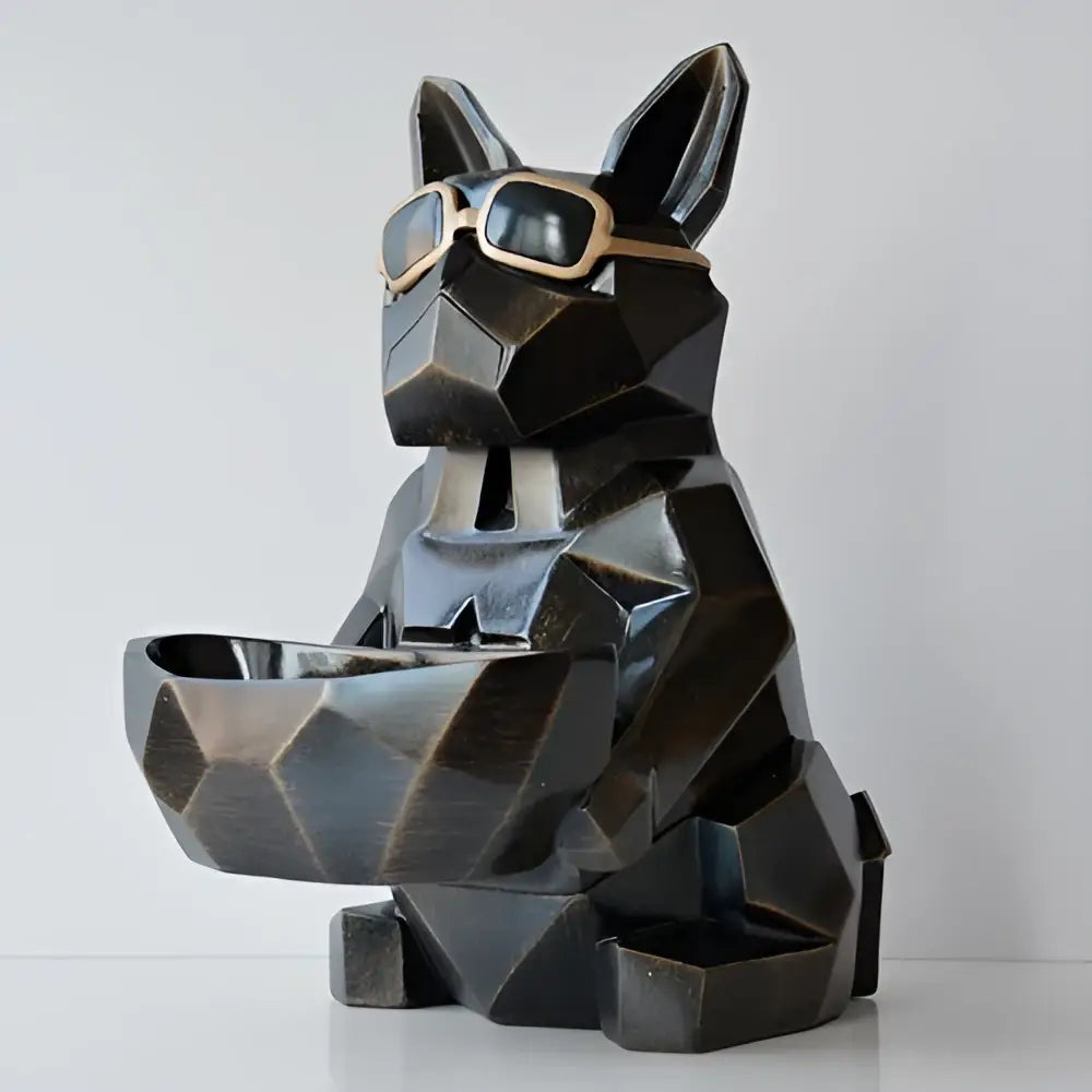 Black geometric french bulldog tissue box holder wearing gold rimmed sunglasses holding matching bowl for living room decor