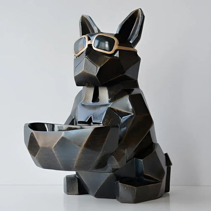 Black geometric french bulldog tissue box holder wearing gold rimmed sunglasses holding matching bowl for living room decor