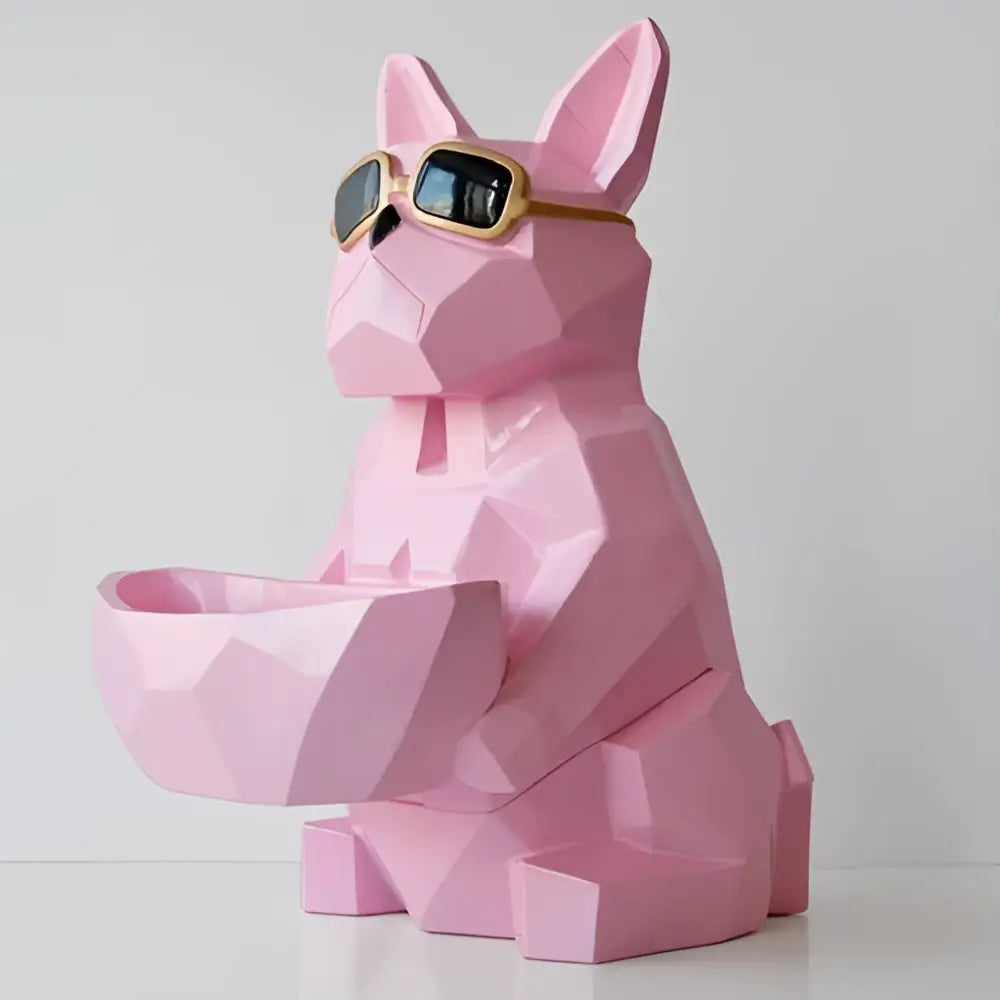 Pink geometric french bulldog tissue box holder wearing gold-rimmed sunglasses holding a bowl for living room decor