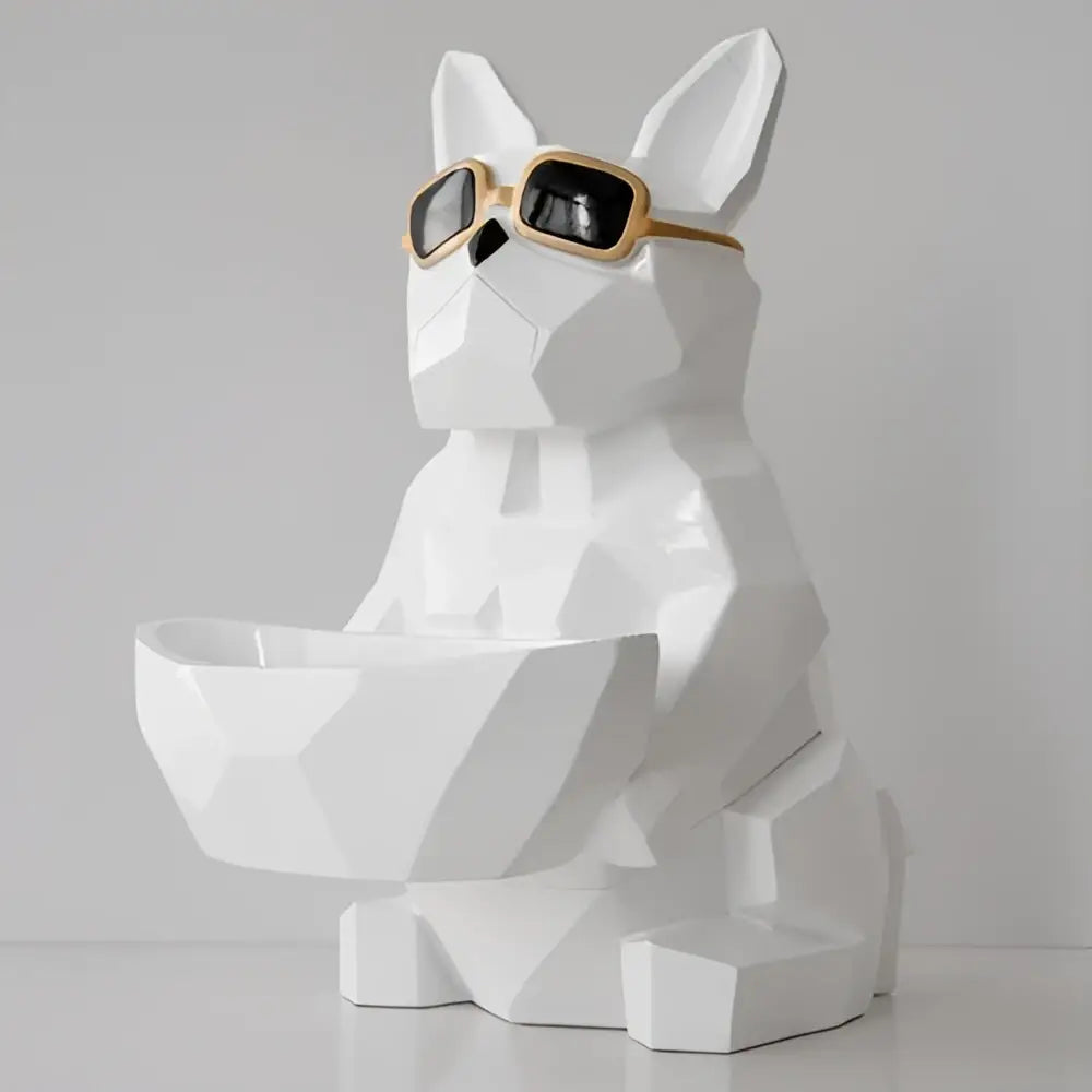White geometric french bulldog tissue box holder with gold sunglasses and matching bowl for living room decor