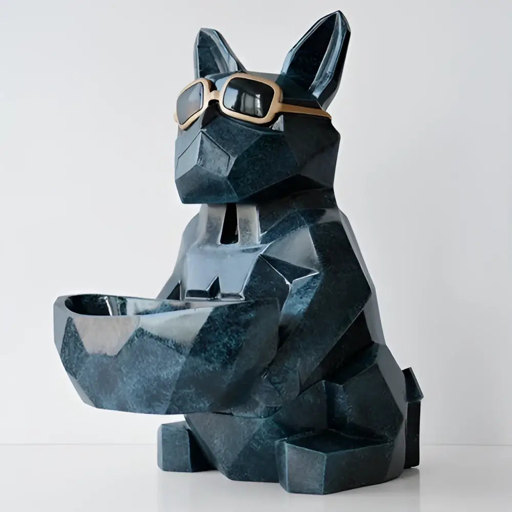 Dark teal geometric french bulldog tissue box holder with gold-rimmed sunglasses and matching tray for living room decor